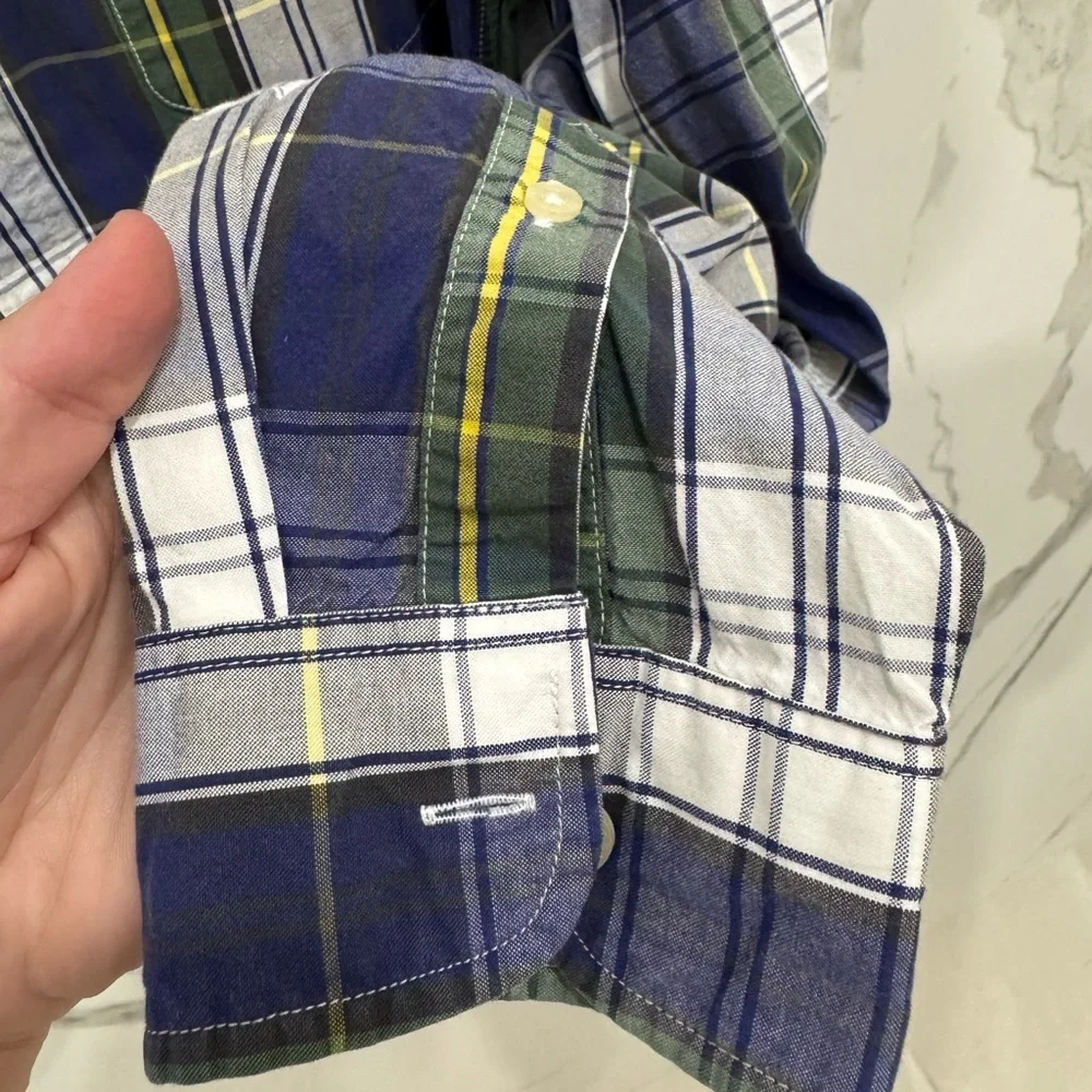 J. Crew Navy Green Plaid Sunwashed Oxford Tailored Shirt